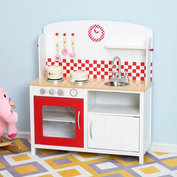 Cucina Giocattolo per Bambini con Accessori in Legno Bianco e Rosso 70x30x88 cm