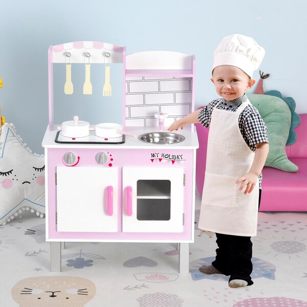 Cucina Giocattolo per Bambini 55x30x80 cm in Pino e MDF con Accessori Rosa