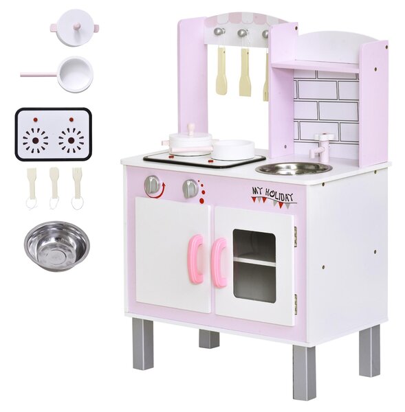 Cucina Giocattolo per Bambini 55x30x80 cm in Pino e MDF con Accessori Rosa