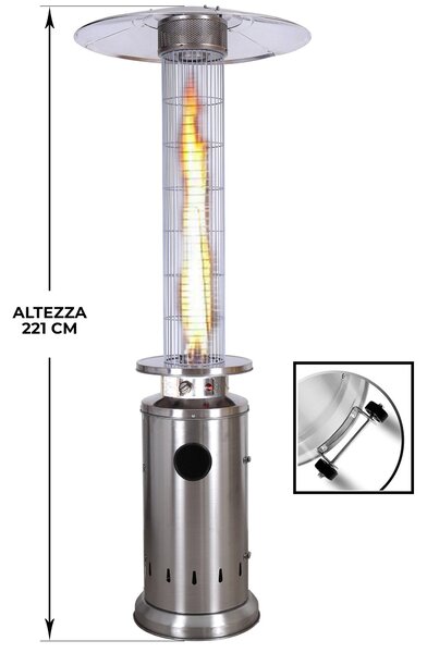 Stufa a Cilindro Gas Gpl da Esterno 13 kW Fire Glass Acciaio Inox
