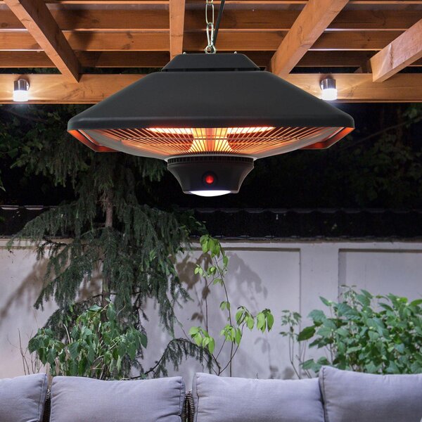 Stufa Alogena a Sospensione Ø43x25 cm 2000W con Luce LED e Telecomando Nera