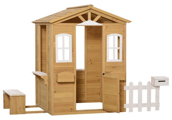 Casetta per Bambini 110x107x140 cm con Finestre Staccionata e Panca in Legno