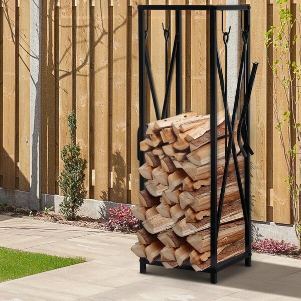 Portalegna per Camino 34x34x111 cm con Accessori in Metallo Nero