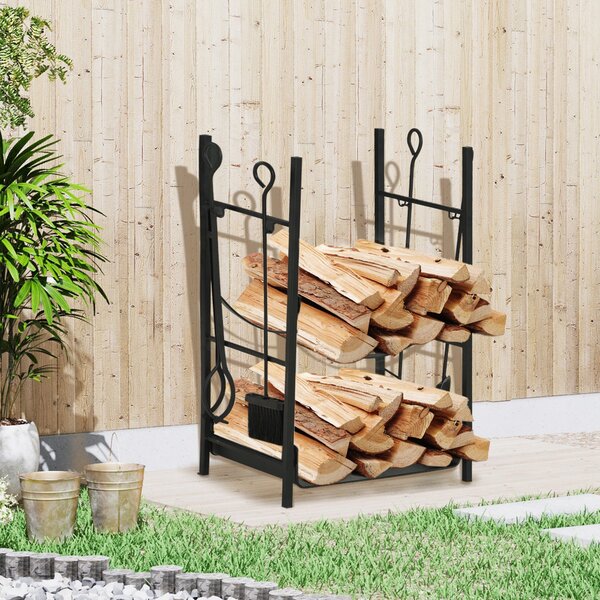Portalegna per Camino 44,5x29,5x73 cm con Accessori in Metallo Nero