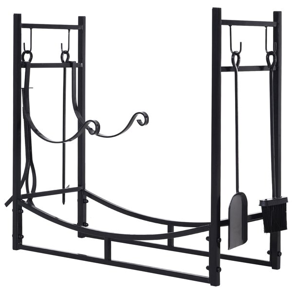 Portalegna per Camino 84x33x76 cm con Accessori in Metallo Nero