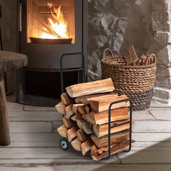 Portalegna per Camino 56x40x90,5 cm con Ruote in Acciaio Nero