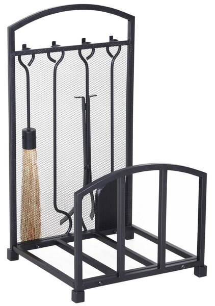 Portalegna per Camino con 4 Attrezzi 39x39x68 cm in Metallo Nero