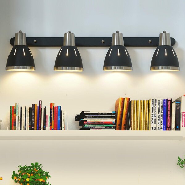 Plafoniera con 4 Faretti LED da Soffitto Orientabili in Metallo Cromato Nero Ø13x16x72 cm