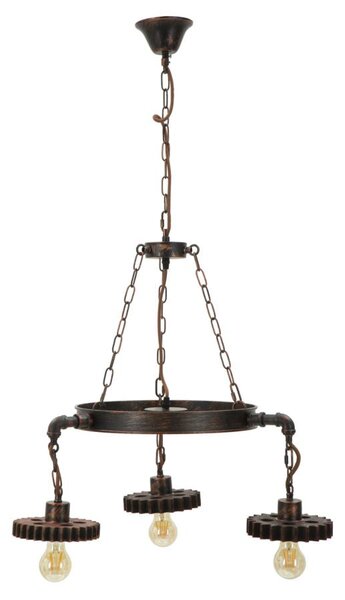 Lampadario Ingranaggio 3 Luci Ø54x104 cm in Ferro e Legno Nero e Rame