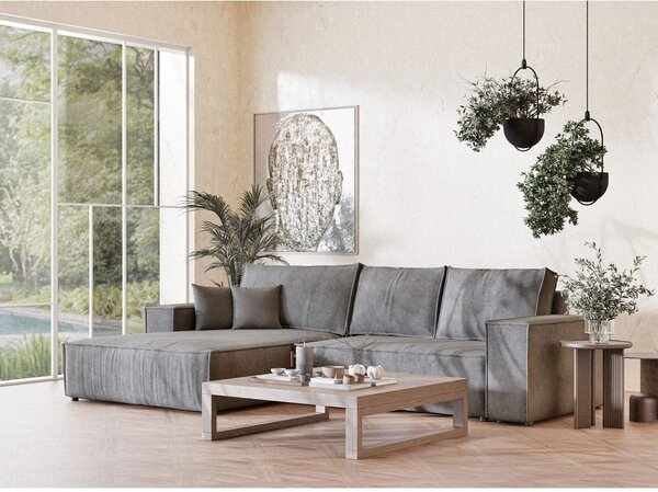 Divano angolare grigio allungabile/con contenitore (con penisola a sinistra/con chaise lounge) con rivestimento in ciniglia Maze – Maison de Rêve