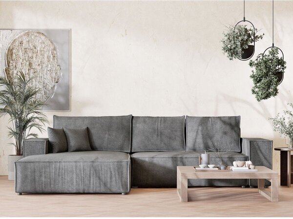 Divano angolare grigio allungabile/con contenitore (con penisola a sinistra/con chaise lounge) con rivestimento in ciniglia Maze – Maison de Rêve