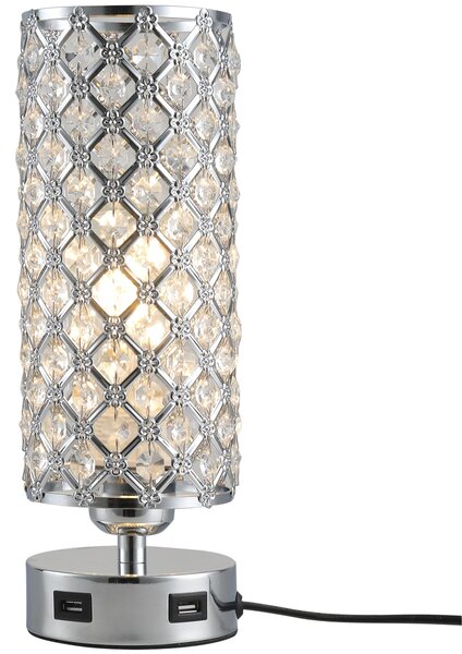 Lampada da Comodino Abat Jour con Paralume in Cristallo e 2 porte USB Ø10,8x30 cm