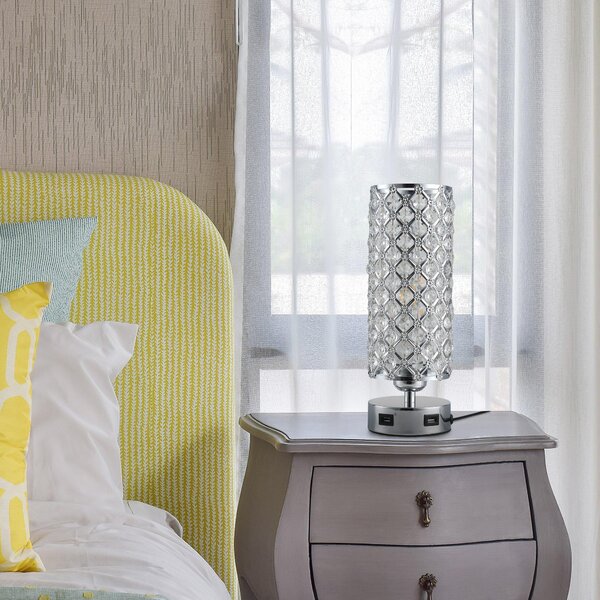 Lampada da Comodino Abat Jour con Paralume in Cristallo e 2 porte USB Ø10,8x30 cm