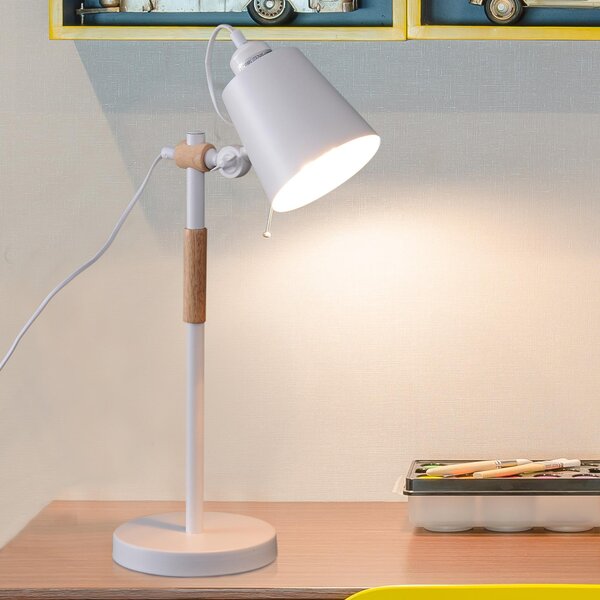 Lampada da Tavolo con Angolo Regolabile in Metallo e Legno Bianco 30x18x62 cm