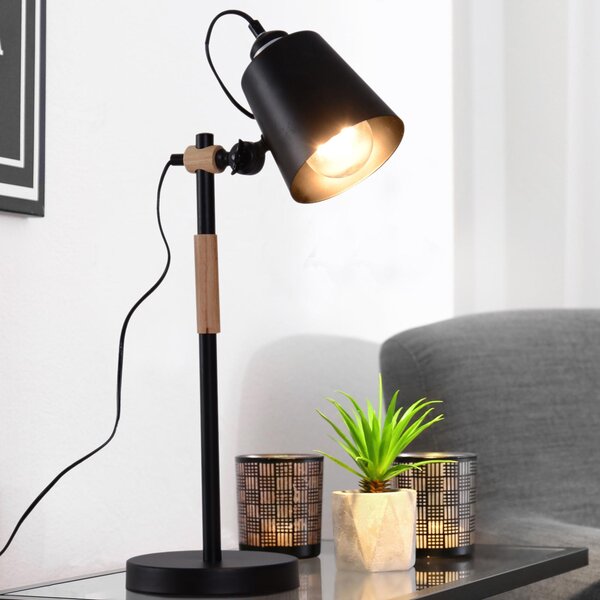 Lampada da Tavolo con Angolo Regolabile in Metallo e Legno Nero 30x18x62 cm