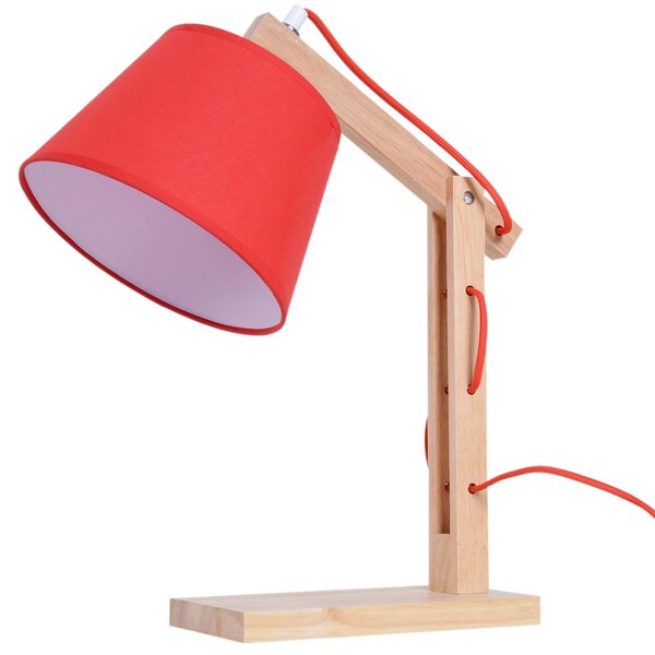 Lampada da Tavolo con Braccio Regolabile in Rovere e Paralume Rosso