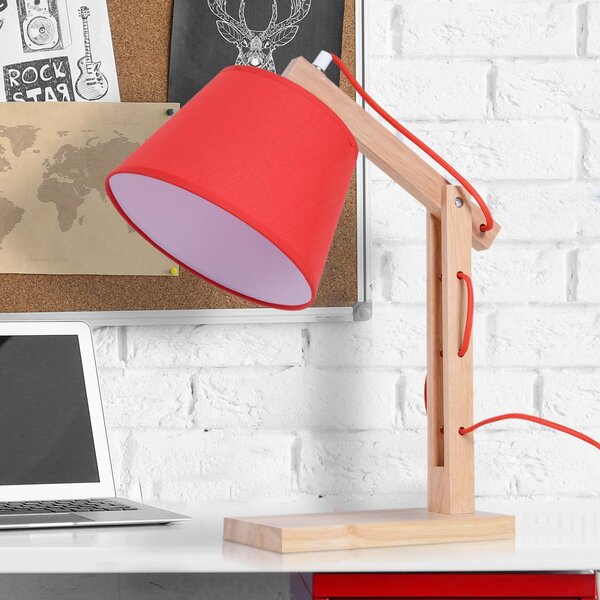 Lampada da Tavolo con Braccio Regolabile in Rovere e Paralume Rosso