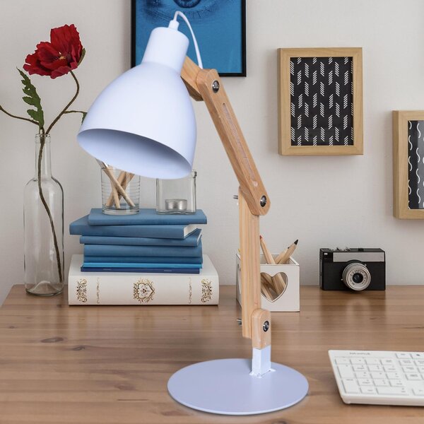 Lampada da Tavolo Scrivania Pieghevole in Legno e Metallo Bianco