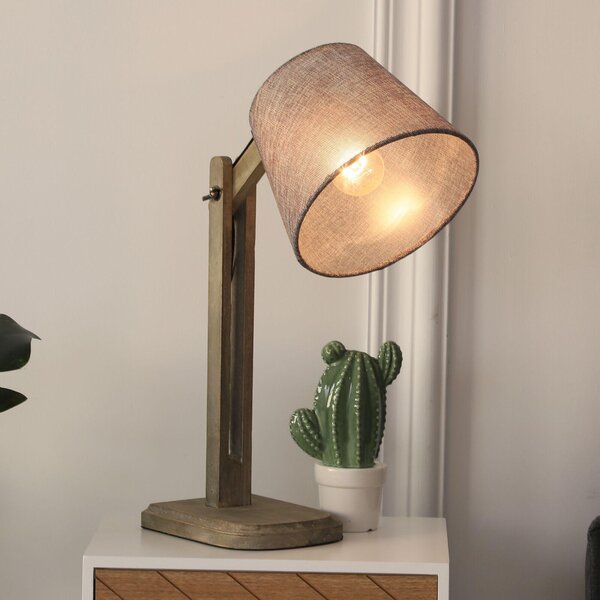 Lampada da Tavolo Paralume in Lino e Legno di Paulonia Grigio