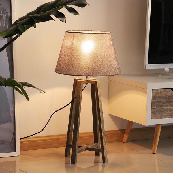 Lampada da Tavolo Paralume in Lino Base in Legno di Paulonia Grigio 68,5 cm