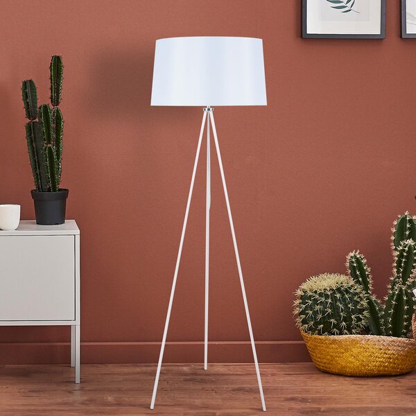 Lampada da Terra Treppiede in Metallo con Paralume in Lino Bianco Ø48x156 cm