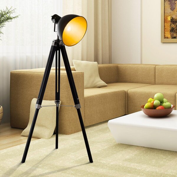 Lampada da Terra Tripode in Legno e Paralume in Metallo Altezza 102/152cm Nero