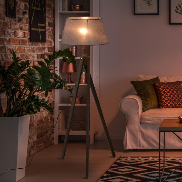Lampada da Terra Tripode in Legno con Paralume in Lino Beige 146 cm