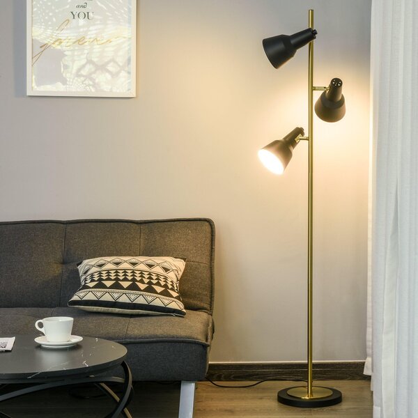 Lampada da Terra con 3 Paralumi E27 in Metallo Nero e Bronzo