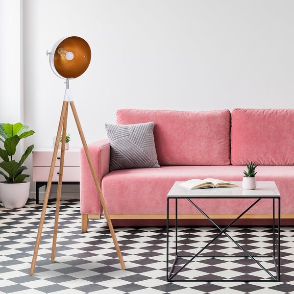 Lampada da Terra Tripode in Legno con Paralume in Metallo 70x70x170 cm E27
