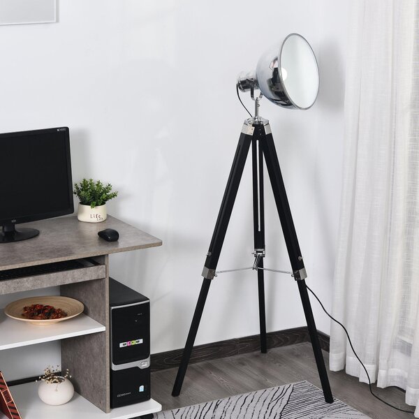 Lampada da Terra Tripode in Legno con Paralume in Acciaio 65x65x100-140 cm E27 Nera