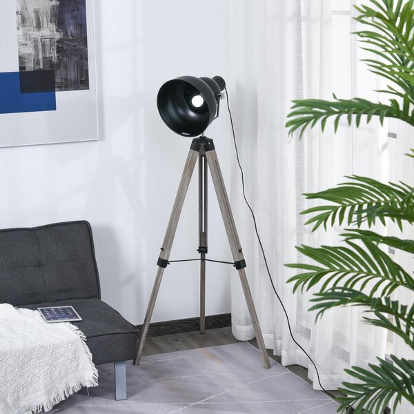 Lampada da Terra Tripode in Legno con Paralume in Metallo 63x63x100-146 cm E27 Nera