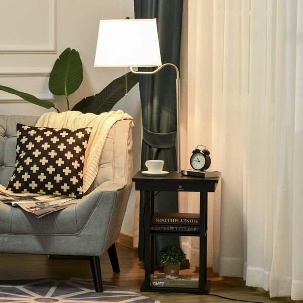 Lampada da Terra con Tavolino e 2 Prese USB 44,5x44,5x144,5 cm in Metallo Nero