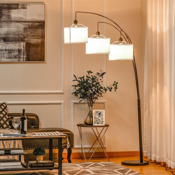 Lampada da Terra con 3 Paralumi E27 H205 cm in Metallo Nero e Bianco
