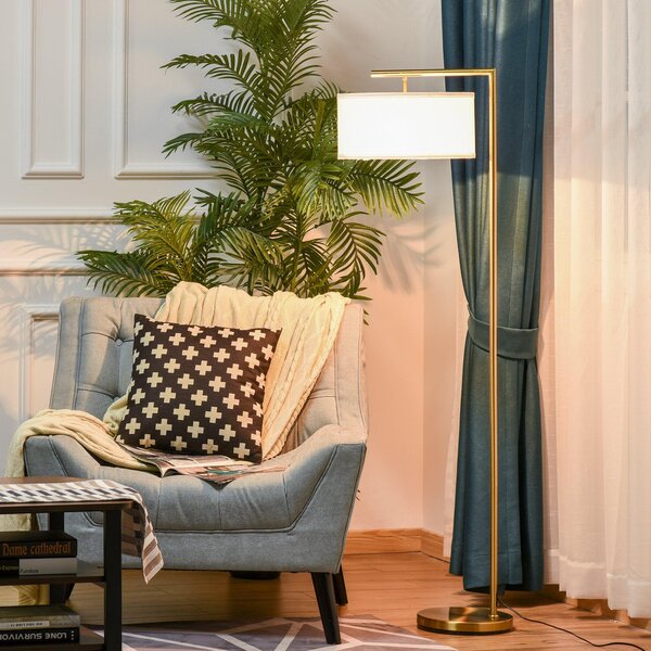 Lampada da Terra con Paralume E27 in Metallo Oro e Bianco