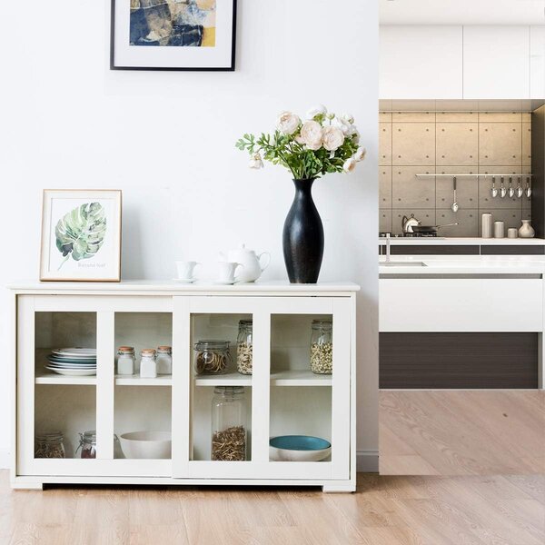 Costway Armadietto da cucina in MDF, Mobile laterale multiuso con ante scorrevoli 106,5x33x62,5cm Bianco