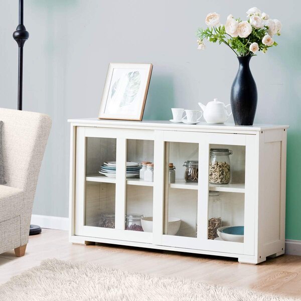 Costway Armadietto da cucina in MDF, Mobile laterale multiuso con ante scorrevoli 106,5x33x62,5cm Bianco