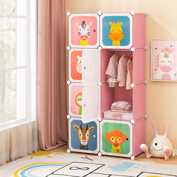 Costway Armadio per bambini portatile 8 cubi con barra appendiabiti, Armadio bambini mobile motivi adorabili per cameretta Rosa