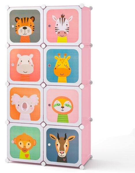 Costway Armadio per bambini portatile 8 cubi con barra appendiabiti, Armadio bambini mobile motivi adorabili per cameretta Rosa