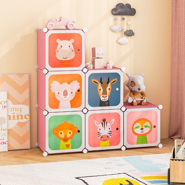 Costway Armadio per bambini portatile 8 cubi con barra appendiabiti, Armadio bambini mobile motivi adorabili per cameretta Rosa
