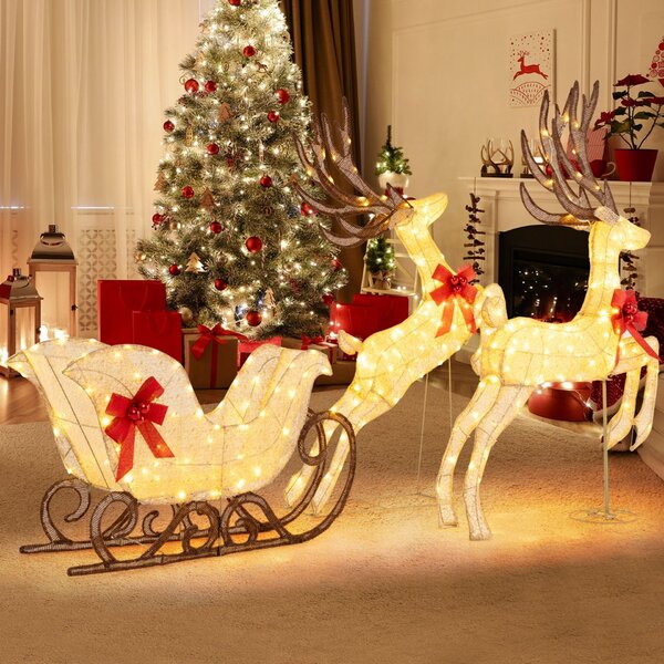 Costway Decorazione di renna natalizia e mezzo albero di Natale alto 210cm, Set decorativo natalizio e albero artificiale