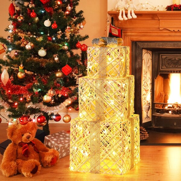 Costway Scatole festive pre-illuminate e albero artificiale illuminato 180cm, Set da 3 scatole regalo natalizie cristalli scintillanti e albero di betulla