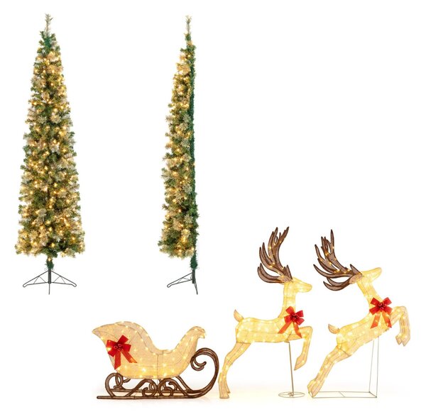 Costway Decorazione di renna natalizia e mezzo albero di Natale alto 210cm, Set decorativo natalizio e albero artificiale