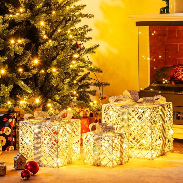 Costway Scatole festive pre-illuminate e albero artificiale illuminato 180cm, Set da 3 scatole regalo natalizie cristalli scintillanti e albero di betulla