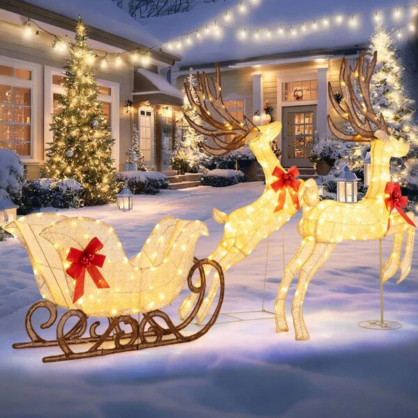 Costway Decorazione di renna natalizia e mezzo albero di Natale alto 210cm, Set decorativo natalizio e albero artificiale