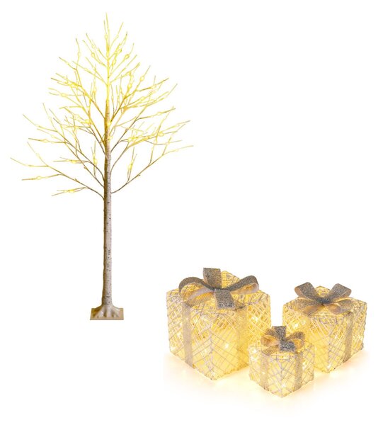 Costway Scatole festive pre-illuminate e albero artificiale illuminato 180cm, Set da 3 scatole regalo natalizie cristalli scintillanti e albero di betulla