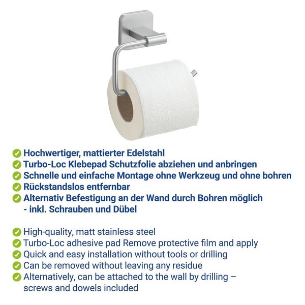 Porta carta igienica senza foratura color argento opaco in acciaio inox con aggancio Turbo-loc Porto – Wenko