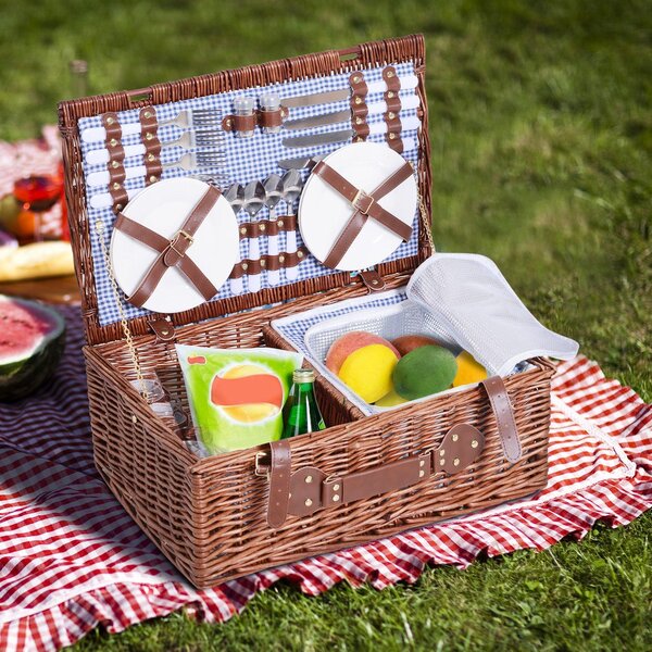 Cestino da Picnic per 4 Persone Posate Piatti Bicchieri e Accessori Vimini marrone 54x34x20 cm