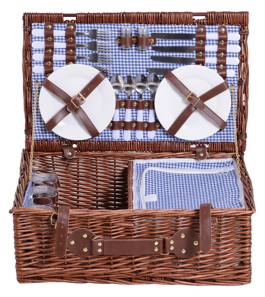 Cestino da Picnic per 4 Persone Posate Piatti Bicchieri e Accessori Vimini marrone 54x34x20 cm
