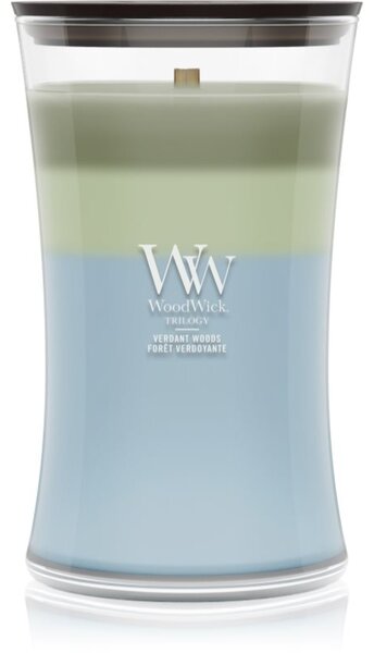 Woodwick Trilogy Verdant Woods candela profumata con stoppino in legno 610 g