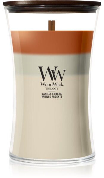 Woodwick Trilogy Vanilla Embers candela profumata con stoppino in legno 610 g